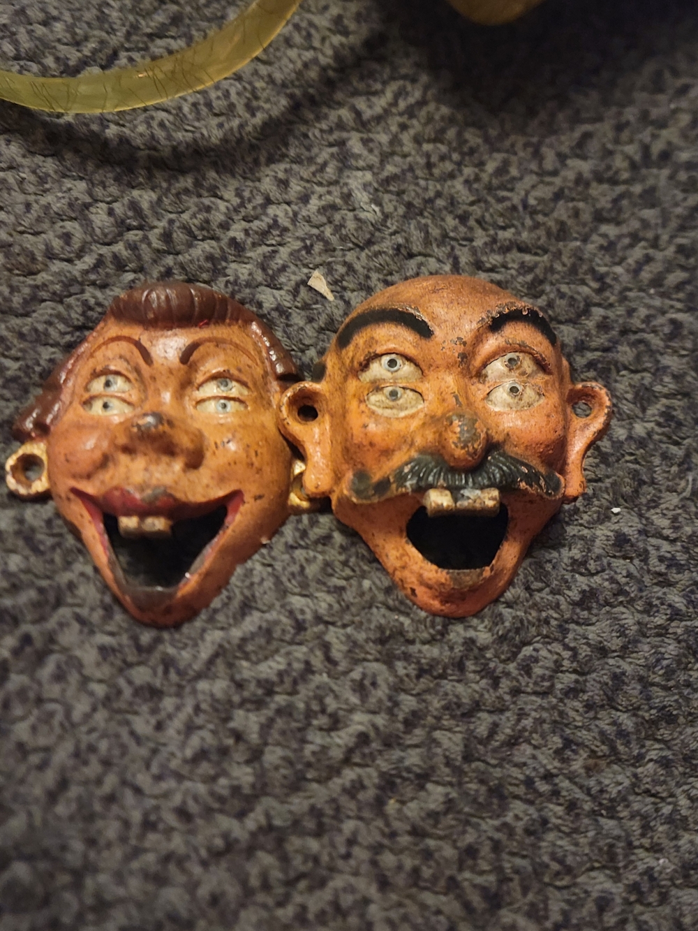 Vintage Novelty Face Bottle Openers - Pair in Orange/Brown